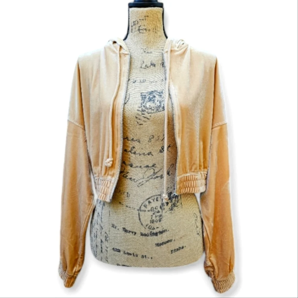 H&M Y2K Inspired Beige/Light Gold Velour Cropped Streetwear Hoodie, Size M